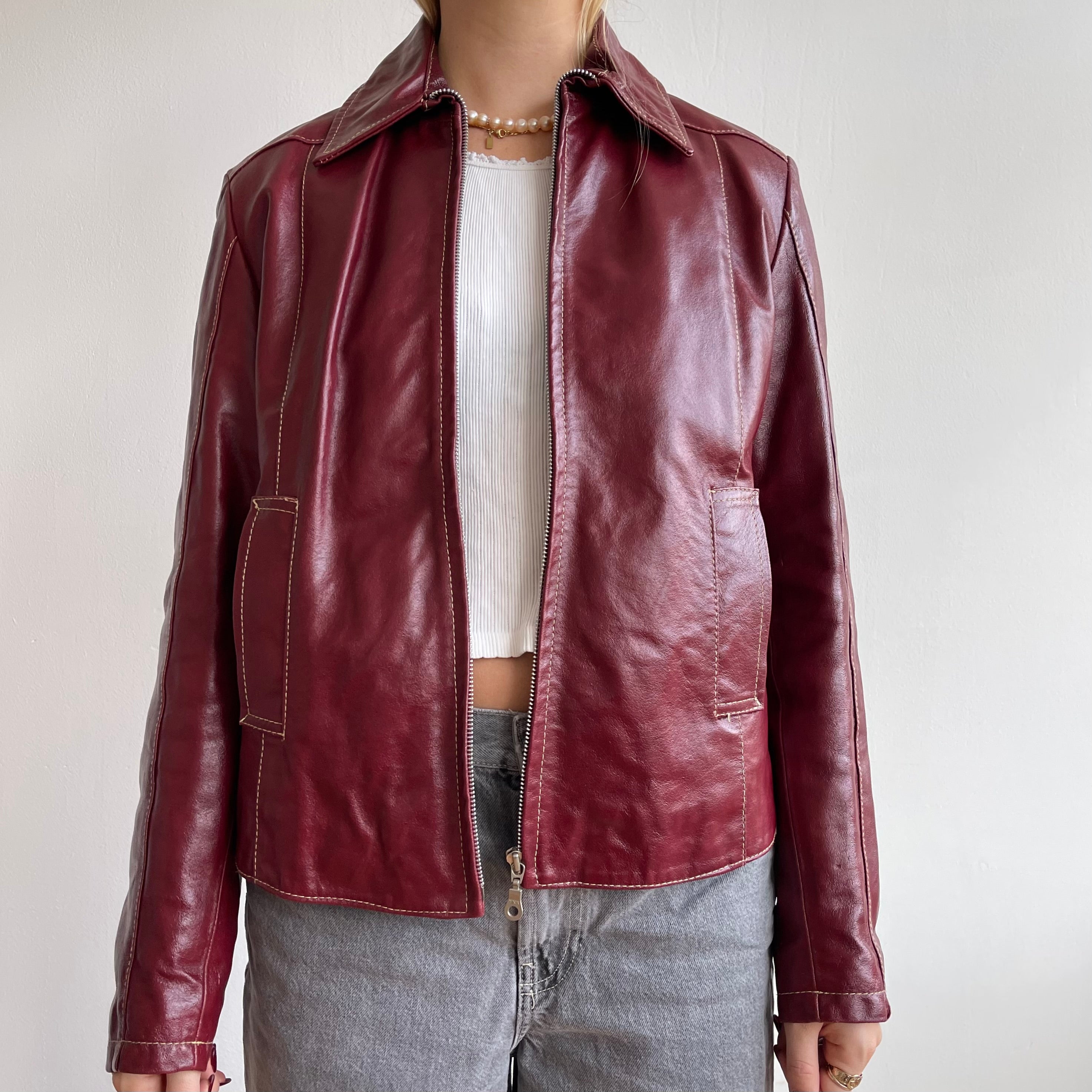 Cherry red leather on sale jacket